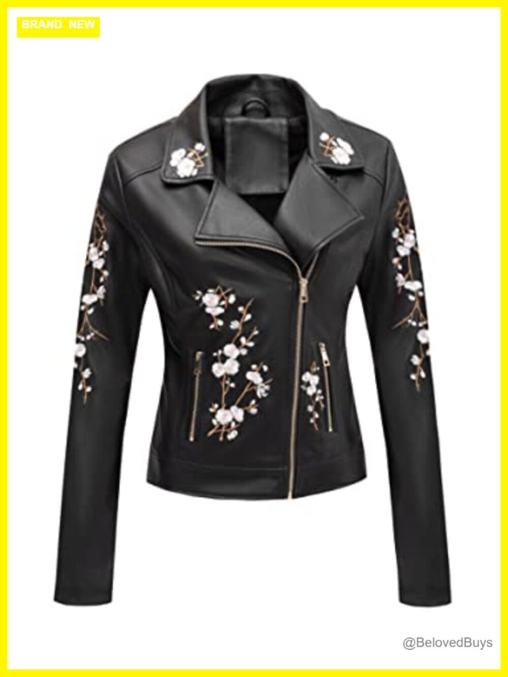 Women's Faux Leather Jacket Floral Embroidered Moto Coat